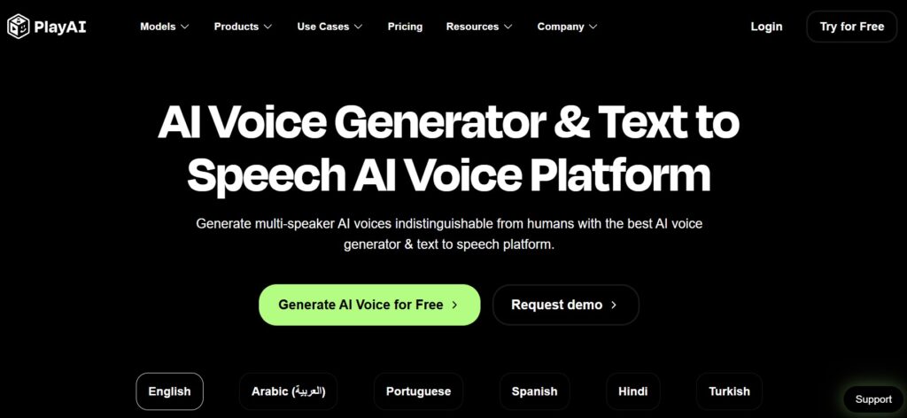 Screenshot of Play.ht AI voice editor displaying voice selection, SSML controls, and multilingual text-to-speech features – June 2025