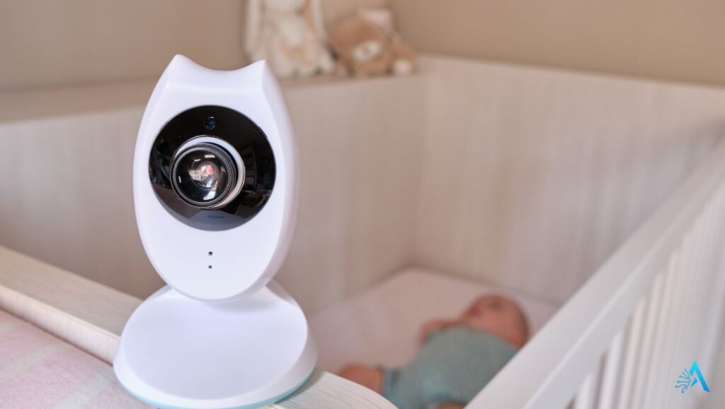 Smart Home AI Camera monitoring baby in nursery crib – 2025 home setup