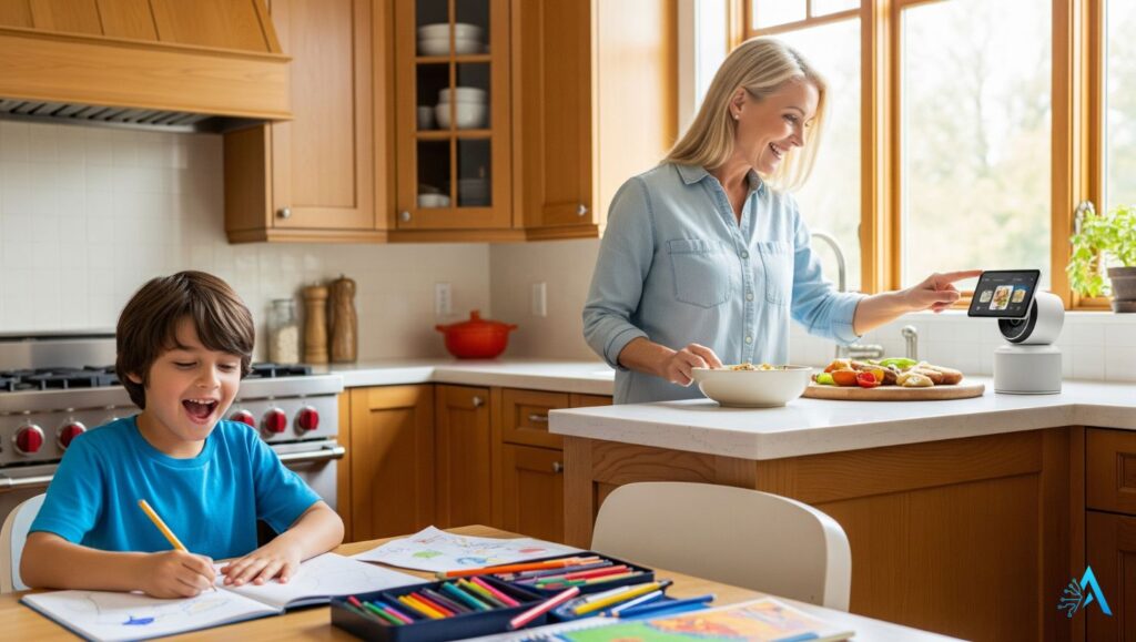 Woman using Smart Home AI Camera in kitchen while child studies nearby – 2025 family setup