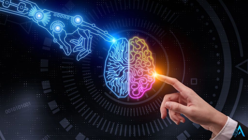 AI and human brain connection symbolizing how AI tools support neurodivergent users through technology and personalization