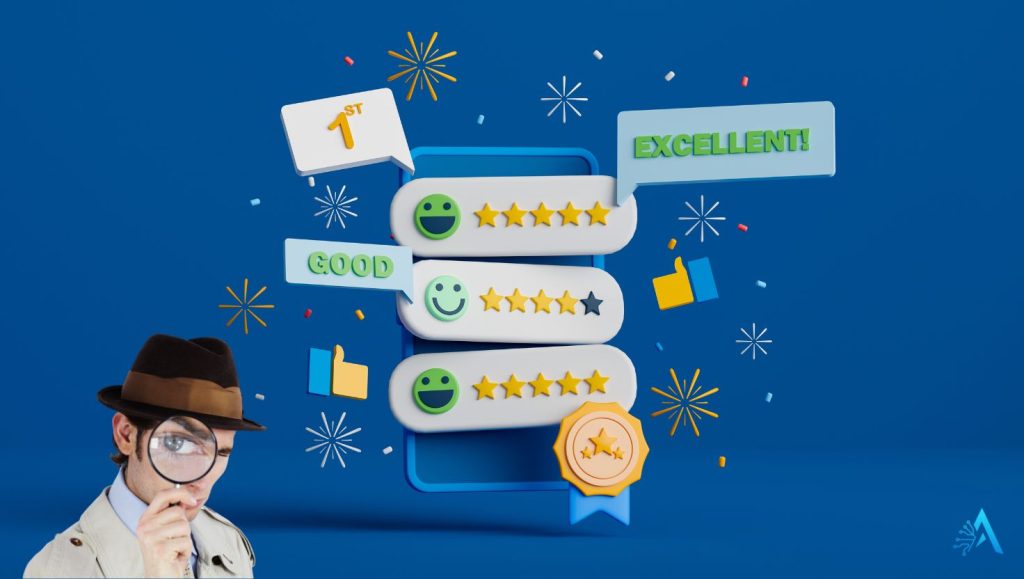 Illustration showing AI-generated product reviews detection with star ratings and magnifying glass