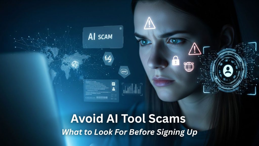 Person analyzing suspicious AI tool interface – AI tool scams 2025 warning