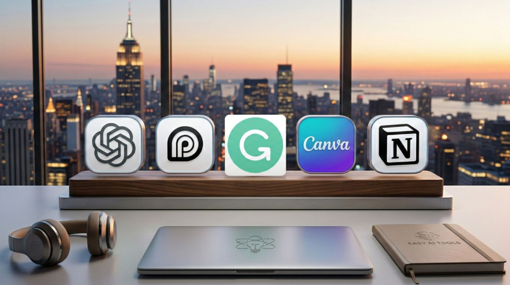 AI tools for beginners shown as a simple starter kit on laptop and phone