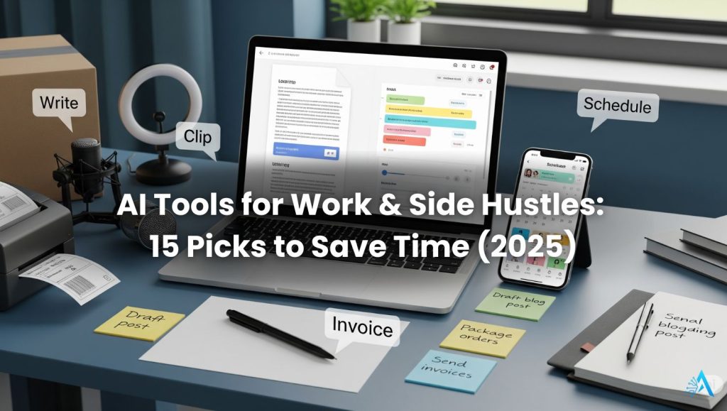 AI tools for work and side hustles hero image showing everyday productivity setup