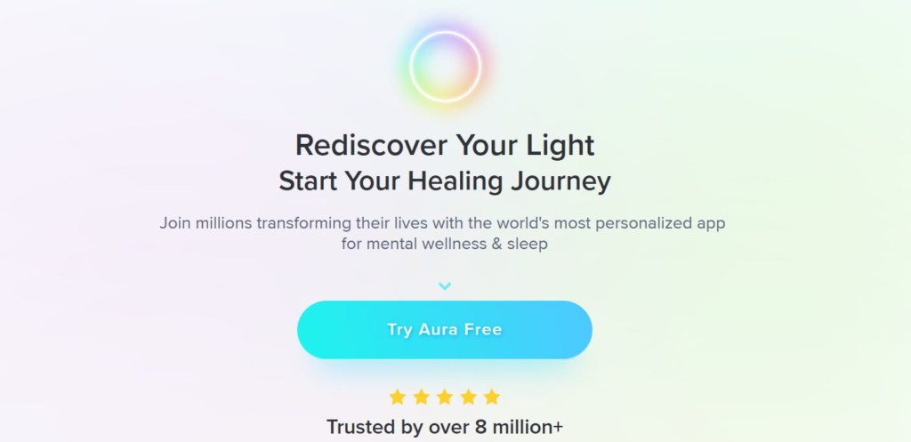 Aura AI meditation app showing personalised sleep stories and short calm sessions 2026