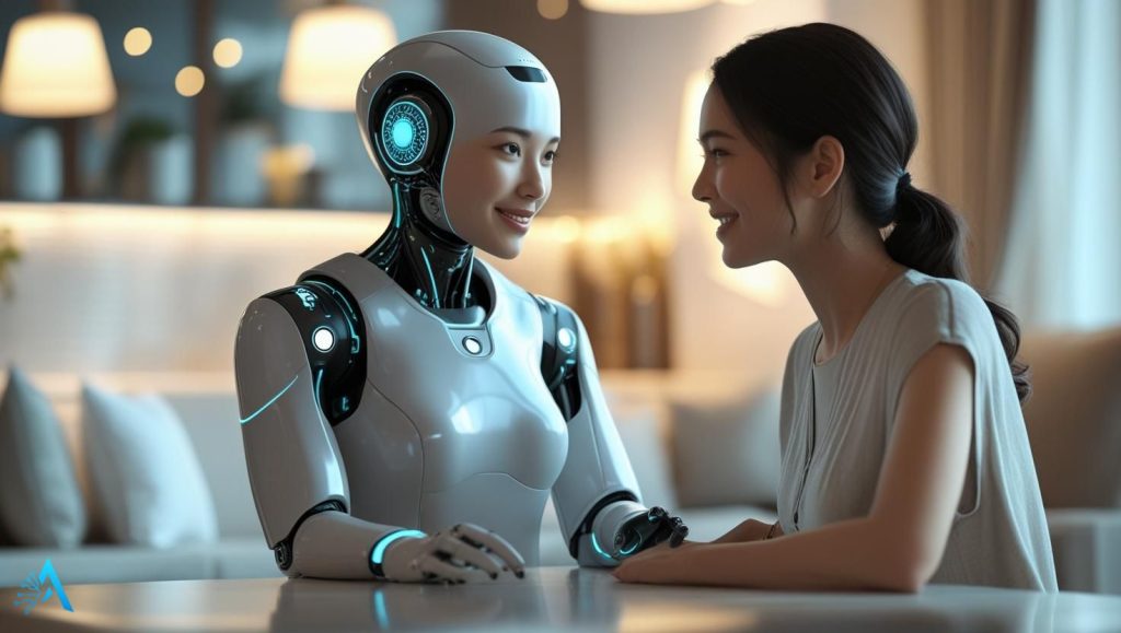 Human woman smiling and talking with a humanoid robot, representing emotional connection and trust in the best AI companions of 2025.