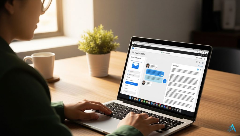 Woman writing on laptop using the best AI writing tools for non-writers