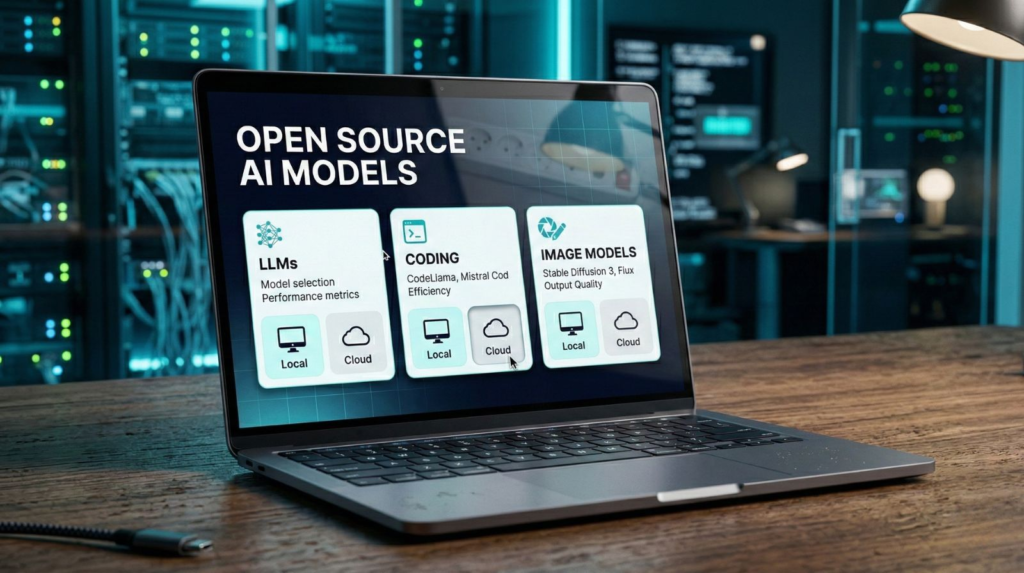 Best open source AI models dashboard concept with local and cloud setup icons