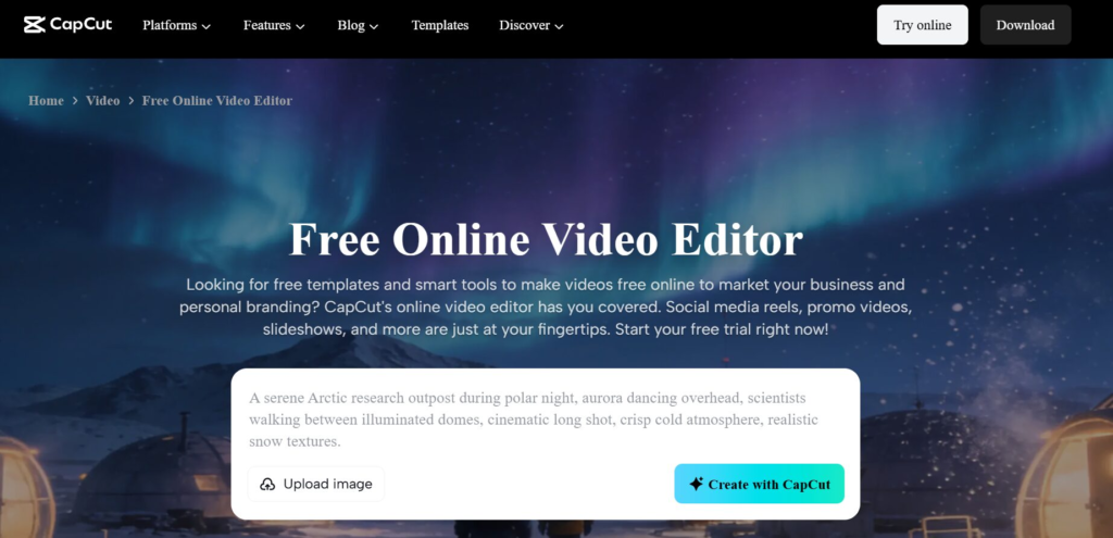 CapCut Pro homepage screenshot showing AI video editing tools for Reels and short-form content in the Descript AI vs CapCut Pro comparison
