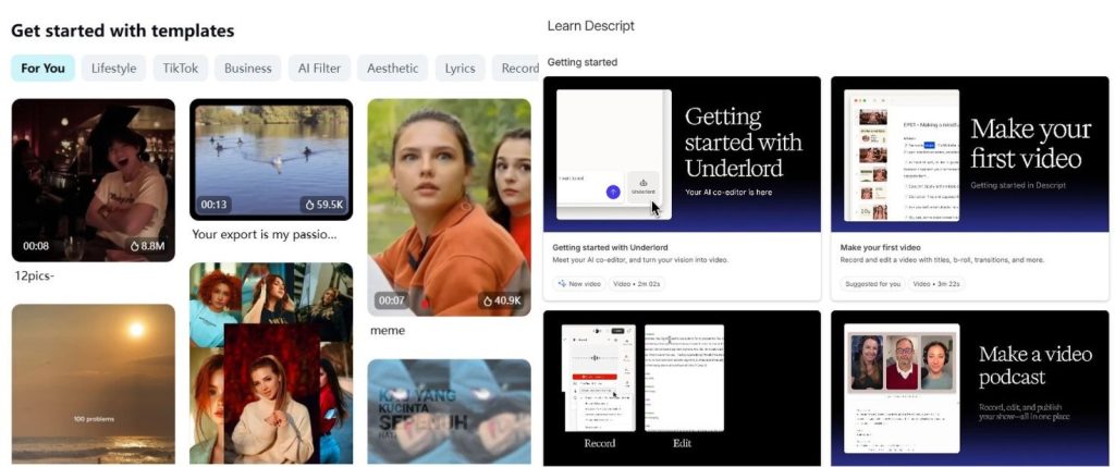 Descript AI templates section compared in Descript AI vs CapCut Pro 2025 review