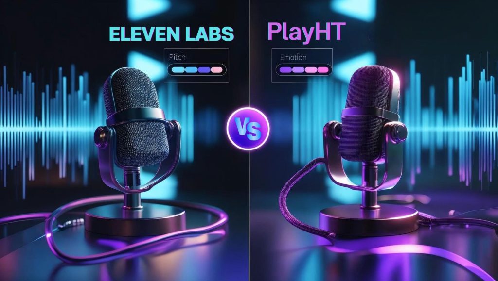 ElevenLabs vs PlayHT voice AI comparison 2025 with microphones, waveforms, and real-time TTS UI elements