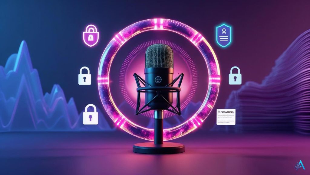 ElevenLabs vs PlayHT comparison – AI voice ethics and safety with microphone and protective shield.