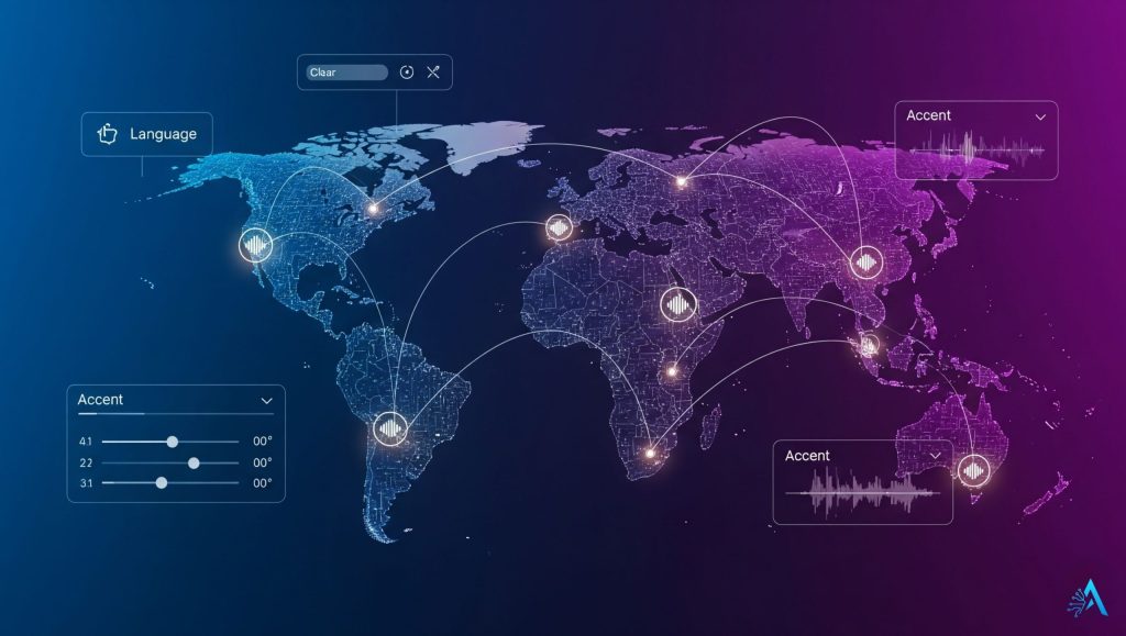 ElevenLabs vs PlayHT comparison – global languages and accents visual with soundwave connections.