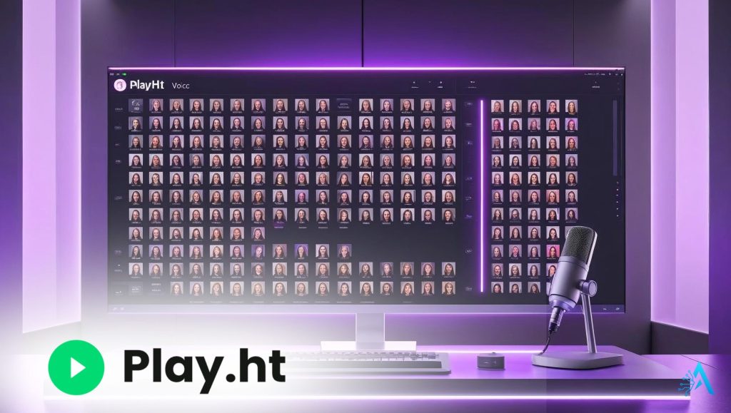ElevenLabs vs PlayHT comparison – PlayHT voice library interface with microphone and accent icons.