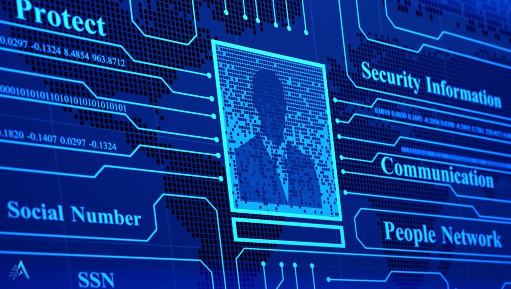 Visual representation of how free AI tools collect user data, showing a pixelated human profile surrounded by digital surveillance and security information