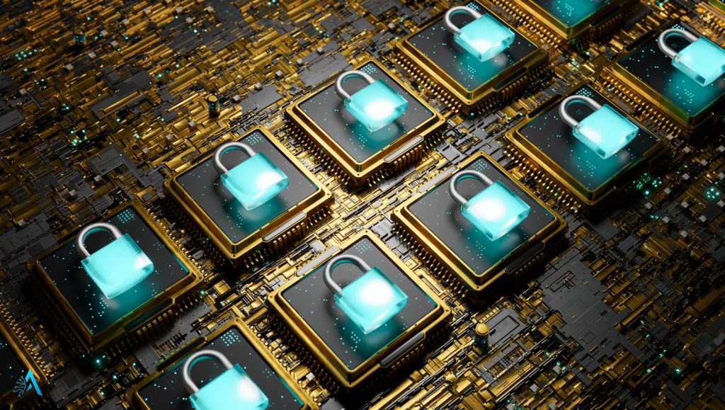3D illustration of glowing padlocks on computer chips, symbolizing data protection concerns with free AI tools and digital privacy