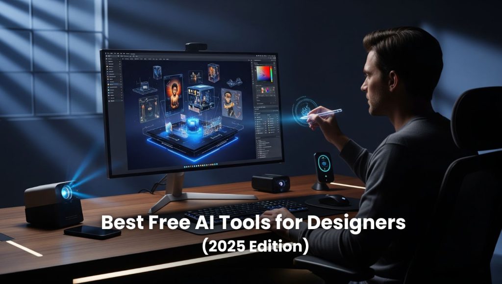 Free AI tools for designers in 2025 – futuristic digital workspace with creative tools