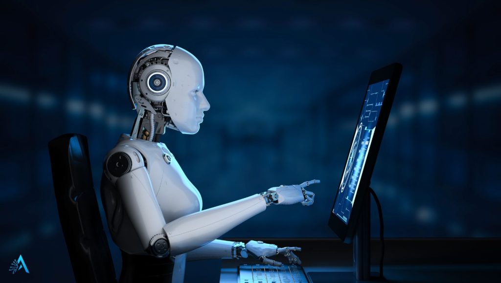 Futuristic humanoid robot interacting with a digital screen, representing how free AI tools process user inputs and data in real time