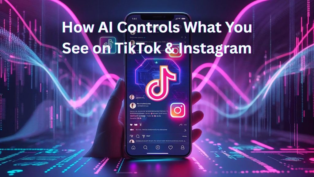 AI controlling TikTok and Instagram feed in 2025 with algorithmic code and user data overlay