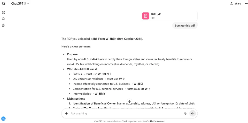 Humata AI vs ChatGPT screenshot showing ChatGPT summarizing a PDF