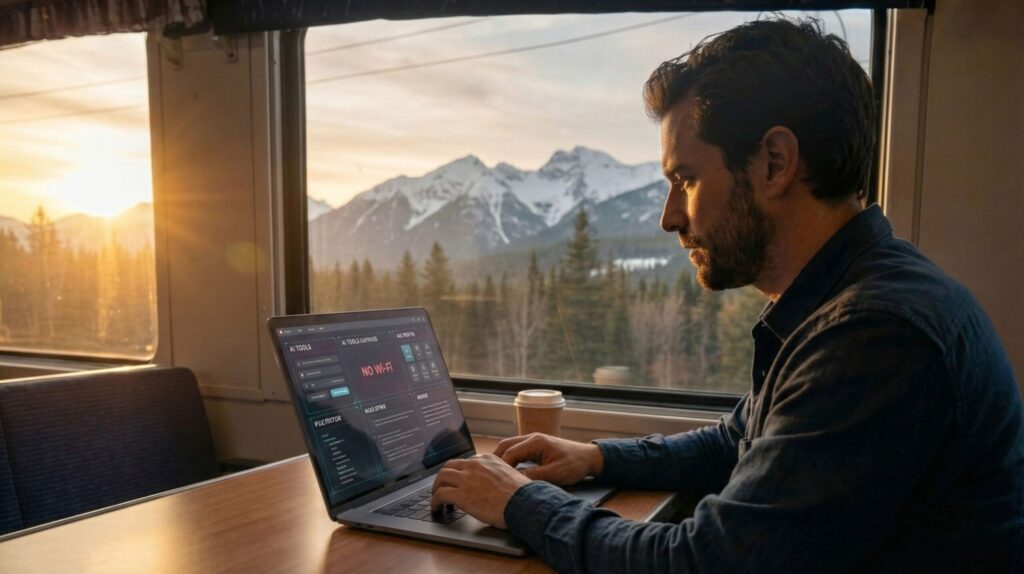 Person using offline AI tools while traveling – laptop on the go without internet