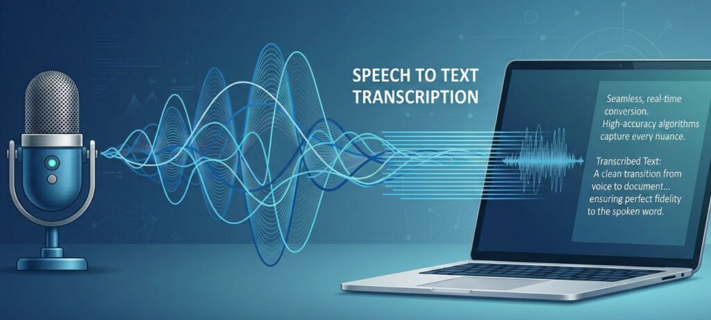 Open source speech-to-text transcription concept with microphone, audio waveform, and laptop screen