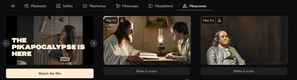 Pika Labs AI video generator showcasing Pikascenes feature with creative and cinematic video outputs in 2025