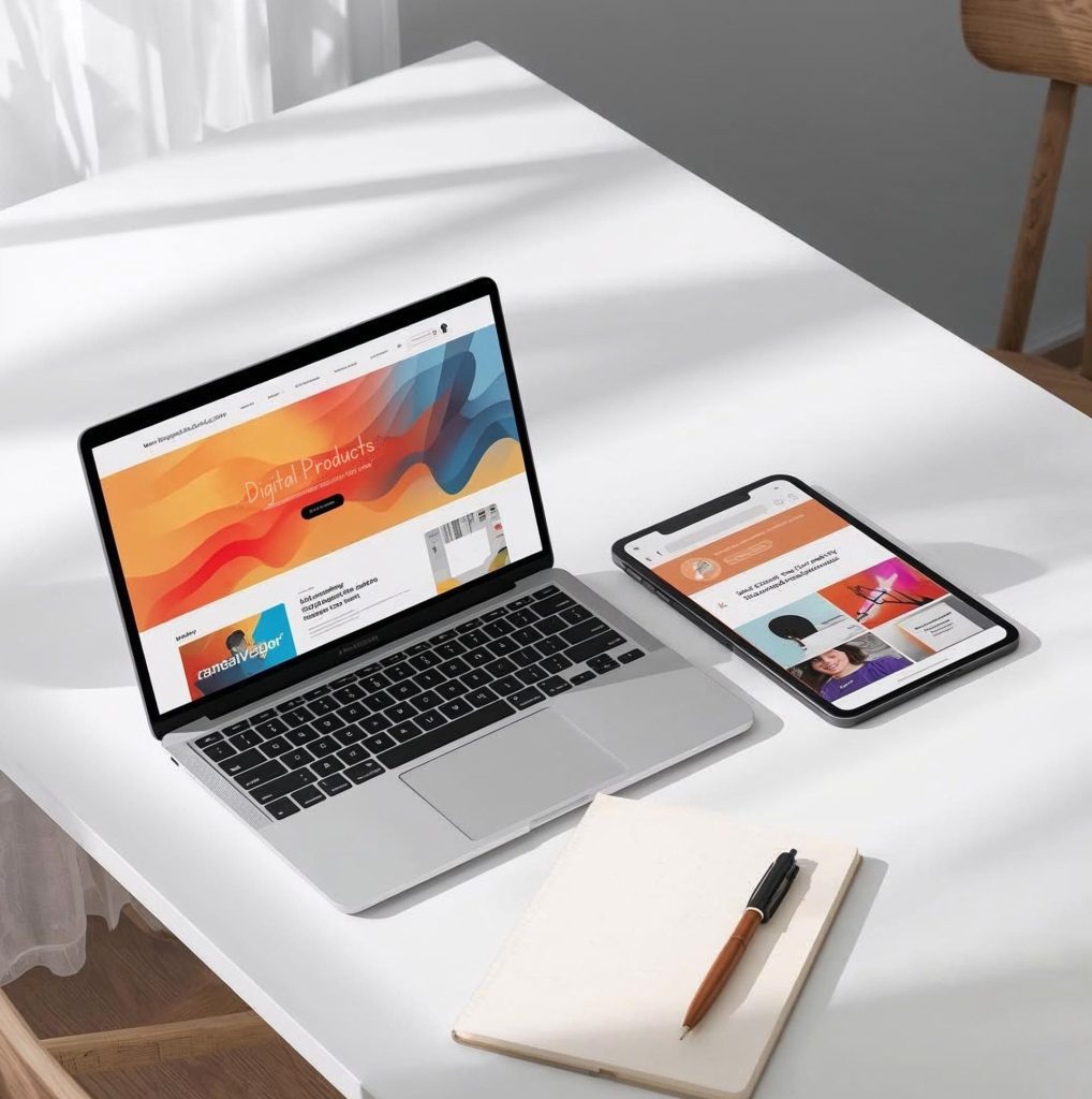 AI side hustles – designer creating digital products and templates with AI and Canva on tablet