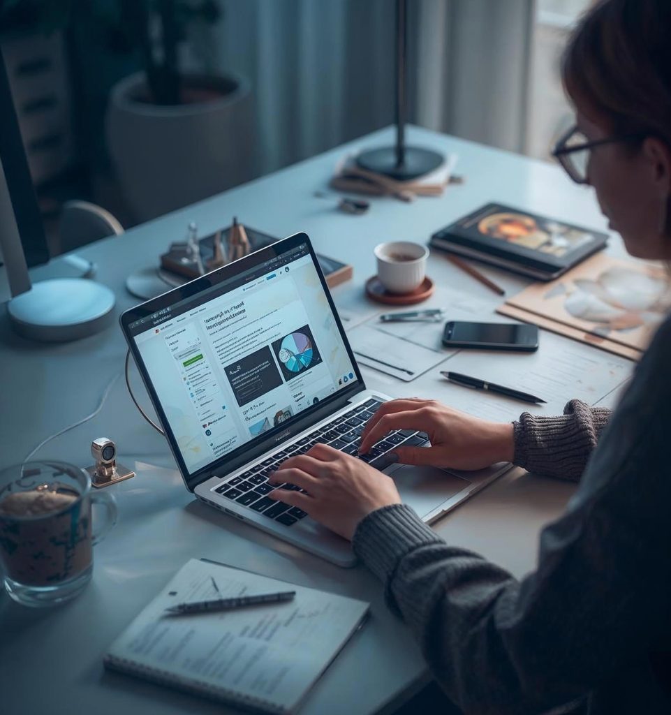 AI side hustles – freelance writer using AI tools to create blog posts and marketing copy on a laptop