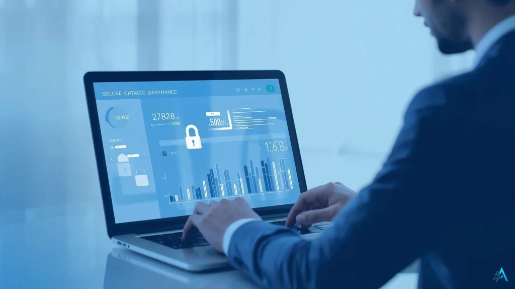 Business owner reviewing secure AI finance dashboard with data encryption and GDPR compliance icons