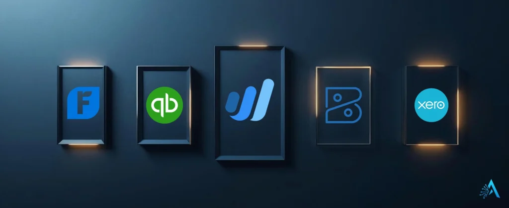 Logos of top AI tools for small business finance including FreshBooks, Zoho Books, QuickBooks, Wave, and Xero