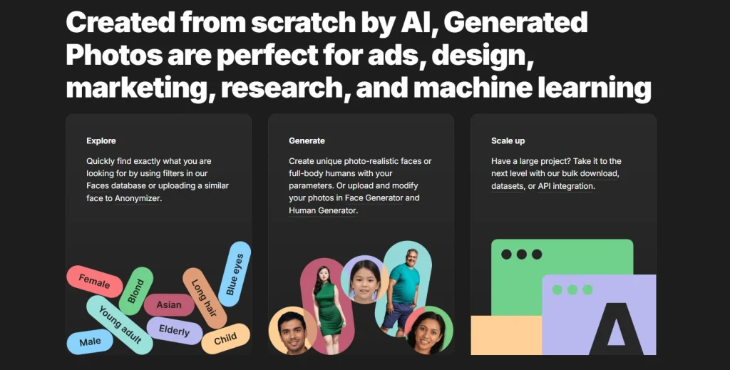 Screenshot of Generated Photos interface showing AI headshots for LinkedIn being generated with customizable options like age and expression.