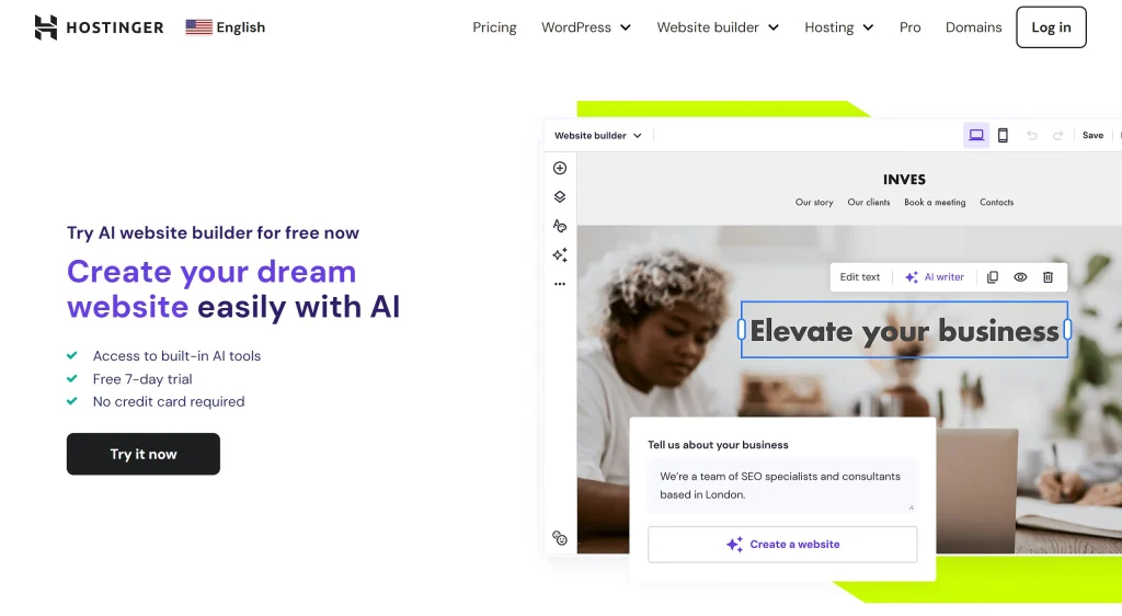 Hostinger AI Website Builder homepage – budget-friendly website creation with AI