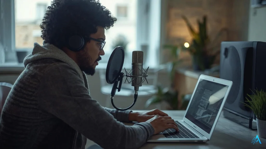 Content creator using AI voice generator to record professional voiceovers on laptop