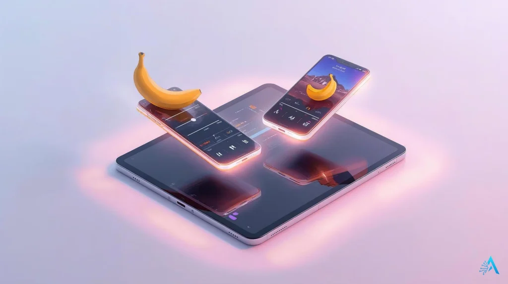 Nano Banana AI key features displayed on smartphone and tablet interface