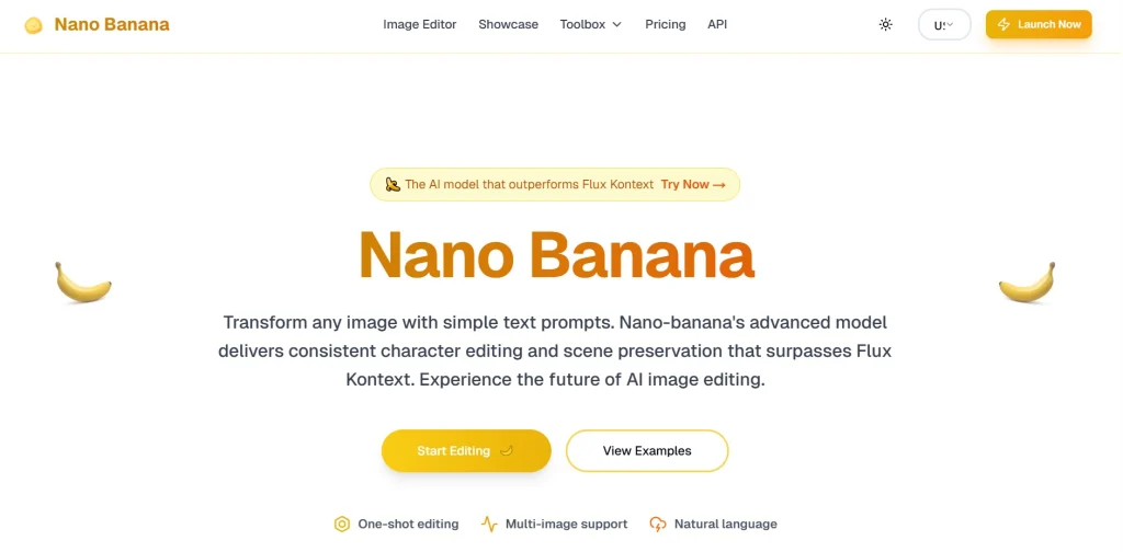 Nano Banana AI main screenshot showing Google Gemini 2.5 Flash interface with image editing prompt box