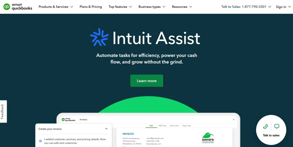 QuickBooks AI dashboard displaying tax-ready reports and real-time bookkeeping automation