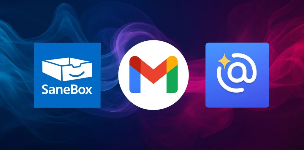 Sane Box Review 2025 – comparison of SaneBox, Gmail filters, and Clean Email logos