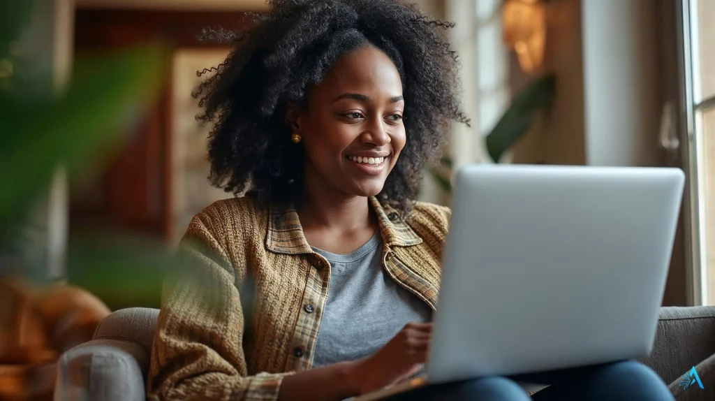 Smiling woman creating a website with AI website builder on laptop at home
