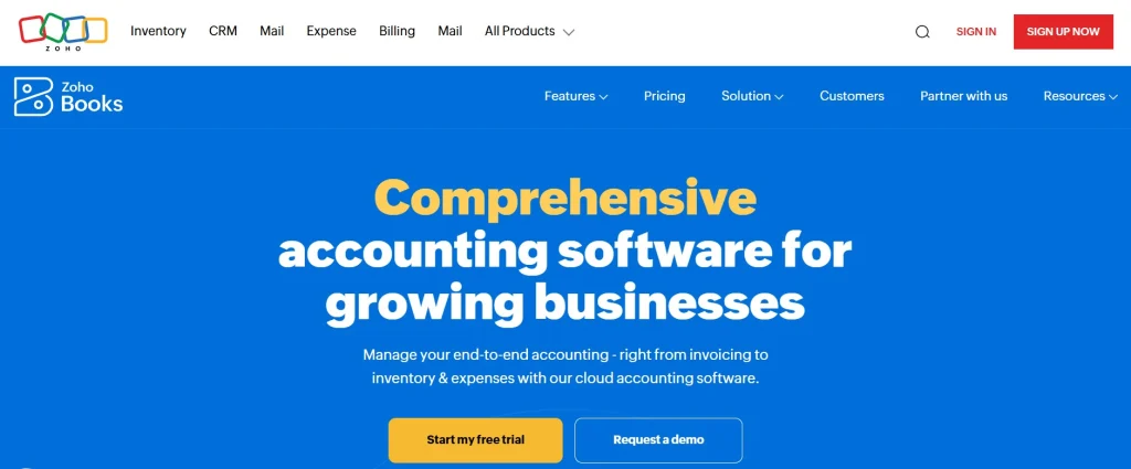 Zoho Books interface with automated bookkeeping and AI cash flow insights for small business finance