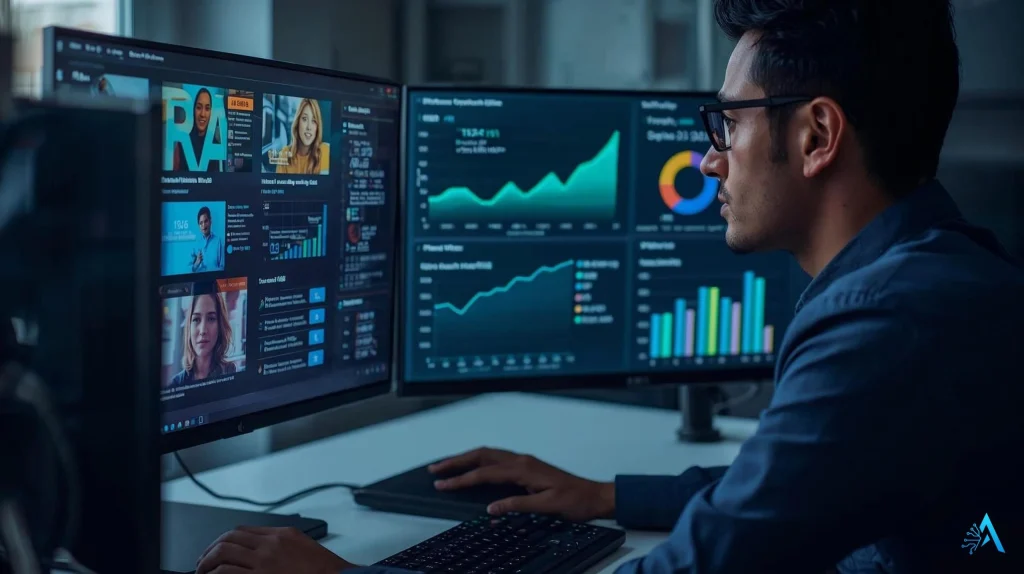 Marketer reviewing AI ad performance metrics and ROI results – AdCreative.ai Review 2025