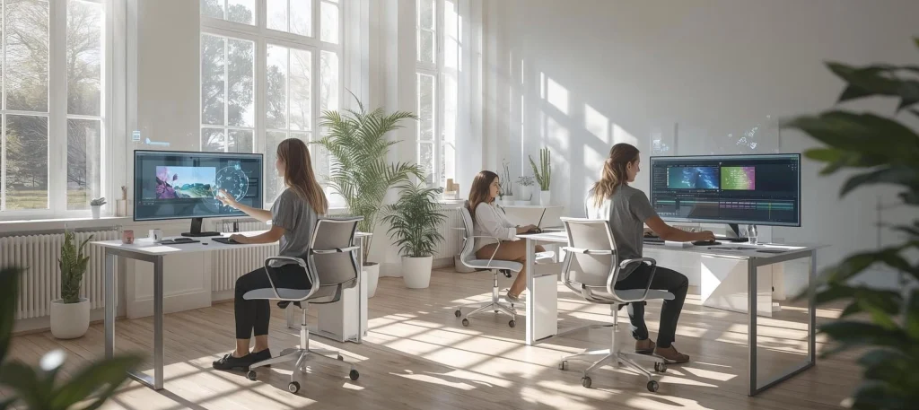 AI for creators in real-world examples 2025, showing designers, writers, and video editors using AI tools in a modern bright studio