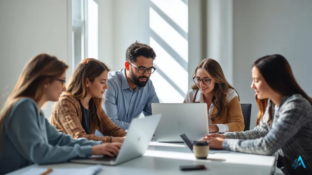 Young entrepreneurs learning how to make money with AI through service automation for small businesses