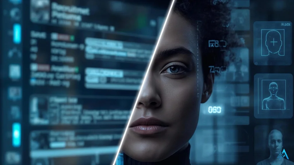 illustration showing real-world effects of bias in AI training such as hiring and facial recognition errors