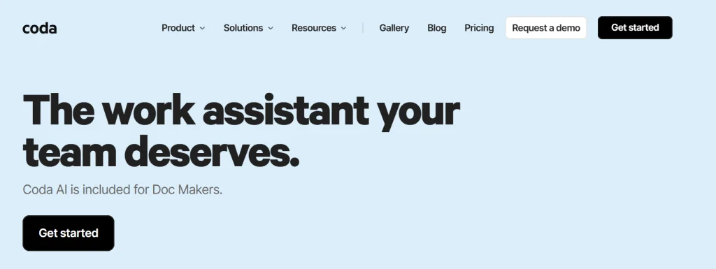 Coda AI homepage showing main features and workflow overview