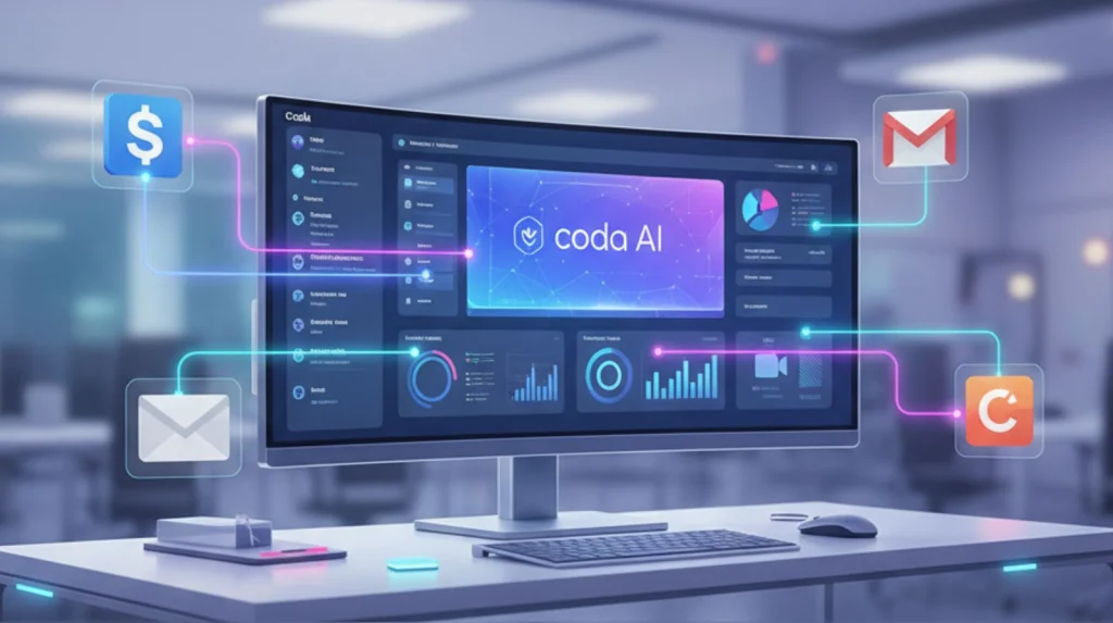 Coda AI dashboard integrating Slack Gmail and ClickUp with automation links