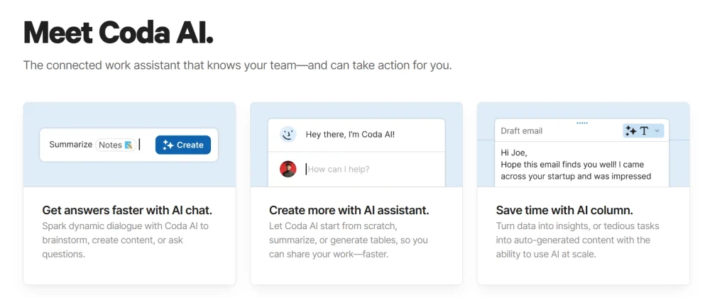 Coda AI templates and workflow tips displayed on official website