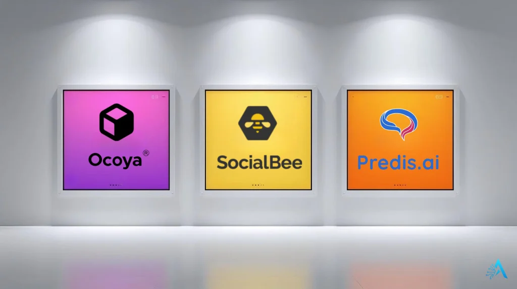 visual comparison of Ocoya, SocialBee, and Predis AI interfaces showing the best AI social media scheduling tool 2025