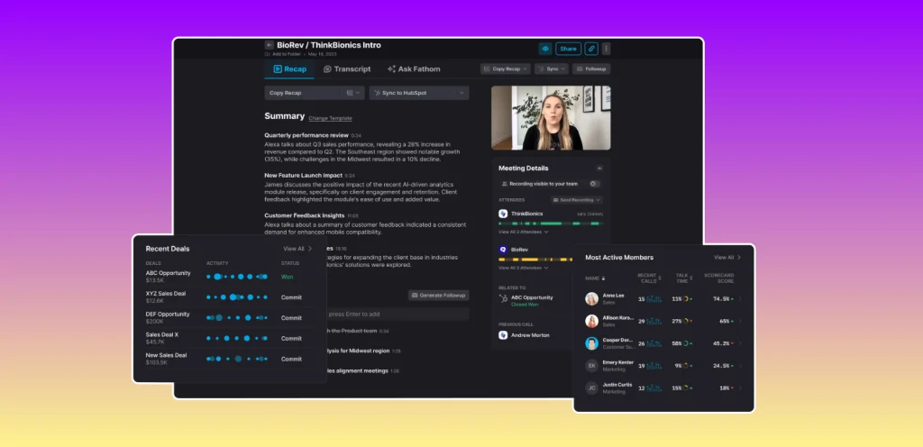 Fathom AI setup dashboard showing meeting summary, HubSpot integration, and team performance insights for automated note-taking