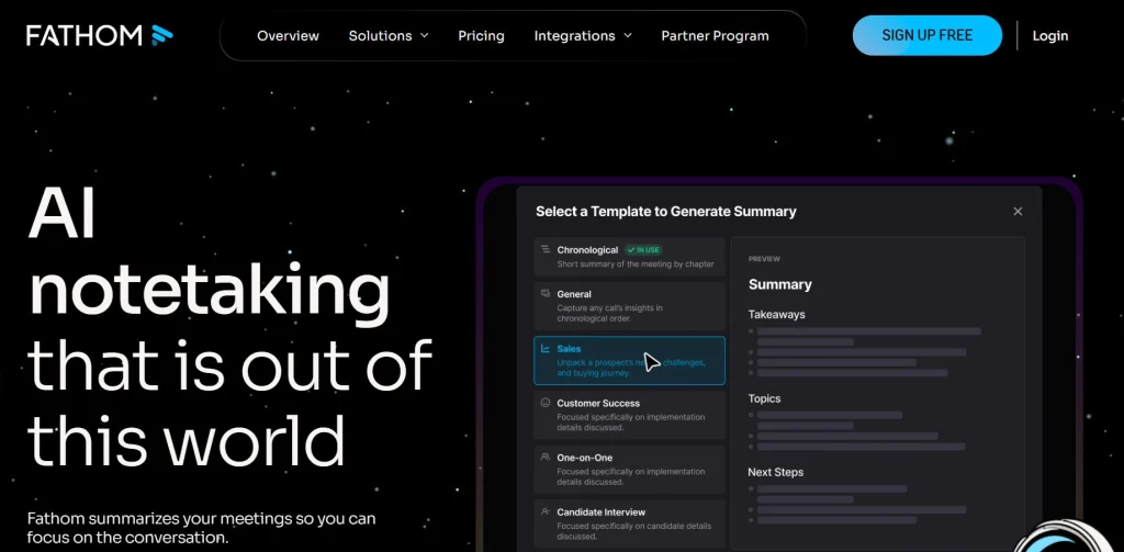 Fathom AI setup interface showing meeting summary templates and automated note-taking options for Zoom and Teams
